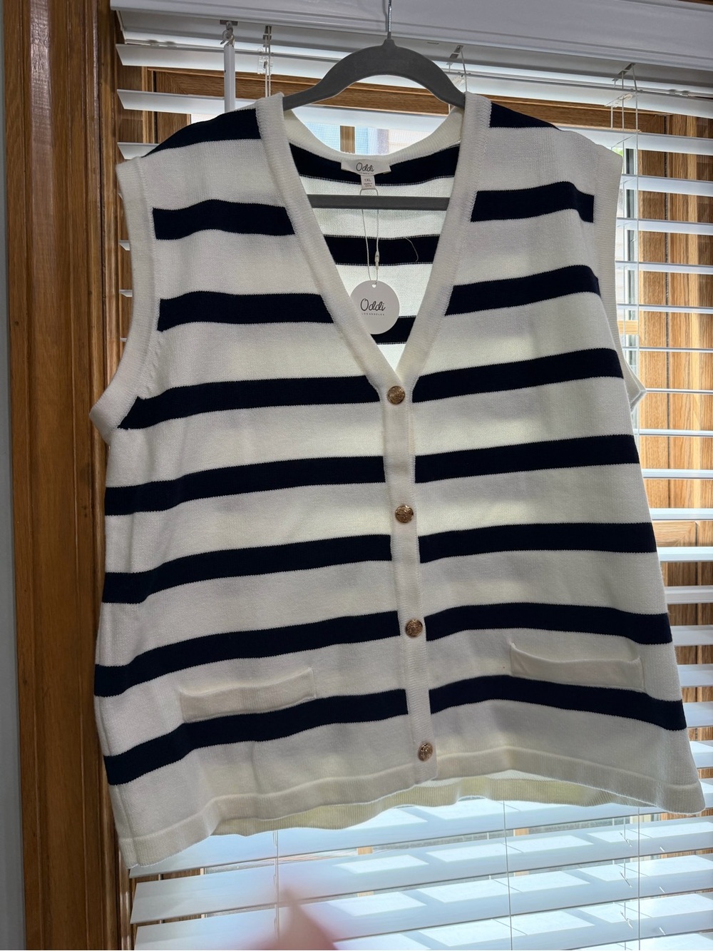 Oddi Striped Navy and White Knit Button-Front Sweater Vest